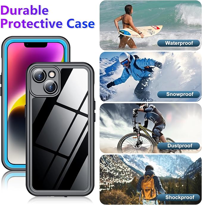 Temdan Compatible with iPhone 14 Case Waterproof, Built-in Screen & Camera Protector IP68 Underwater Full Body 14FT Military Dropproof Shockproof Phone Case 6.1"-Blue/Clear