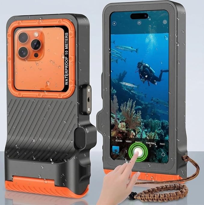 Diving Phone Case for iPhone 17 16 15 14 13 Pro Max Galaxy S25 S24 S23 Ultra, 50ft/15m Professional Waterproof Underwater Case with Real Touchscreen, Universal Camera Housing for Snorkeling (Orange)