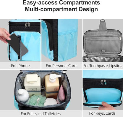 F-color Shower Caddy Portable for College Dorm Essentials - Large Hanging Sturdy Handle Toiletry Tote Bag with Hook, Multiple Pockets, Quick Dry Organizer for Camping, Travel, Gym, Light Blue