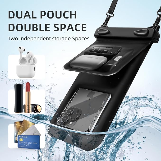 Waterproof Phone Pouch Double Pocket, Floating IPX8 8.5 inch Waterproof Phone Case for Beach Vacation Essentials for Compatible IPhone 16 15 14 Pro Max Galaxy S25 S24 Waterproof Dry Bag Black