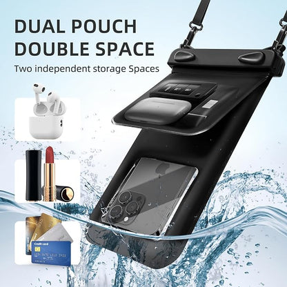 Waterproof Phone Pouch Double Pocket, Floating IPX8 8.5 inch Waterproof Phone Case for Beach Vacation Essentials for Compatible IPhone 16 15 14 Pro Max Galaxy S25 S24 Waterproof Dry Bag Black