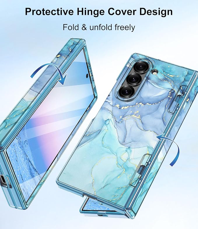 Btscase for Samsung Galaxy Z Fold 6 Case,Built in Front Screen Protector,Gold Glitter Marble Pattern Hard PC Slim Shockproof Full Body Drop Protective Case for Galaxy Z Fold 6 5G, Blue Cyan