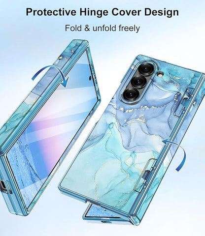 Btscase for Samsung Galaxy Z Fold 6 Case,Built in Front Screen Protector,Gold Glitter Marble Pattern Hard PC Slim Shockproof Full Body Drop Protective Case for Galaxy Z Fold 6 5G, Blue Cyan