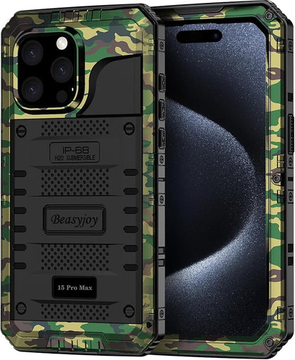 Beasyjoy Compatible with iPhone 15 Pro Max Case Waterproof, Metal Heavy Duty Full Body Protective Case with Built-in Screen Protector, Military Grade Shockproof Defender Rugged Cover 6.7", Camo