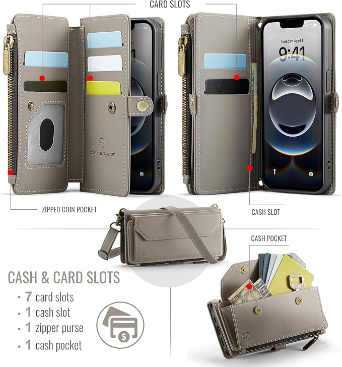 Strapurs Crossbody Wallet Case Compatible with iPhone 17e / iPhone 16e RFID Blocking 7-Card Holder PU Leather Magnetic Snap Shoulder Strap Zipper Pocket Phone Cases for iPhone 17e / 16e - Grey