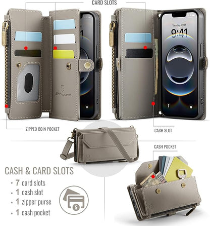 Strapurs Crossbody Wallet Case Compatible with iPhone 17e / iPhone 16e RFID Blocking 7-Card Holder PU Leather Magnetic Snap Shoulder Strap Zipper Pocket Phone Cases for iPhone 17e / 16e - Grey