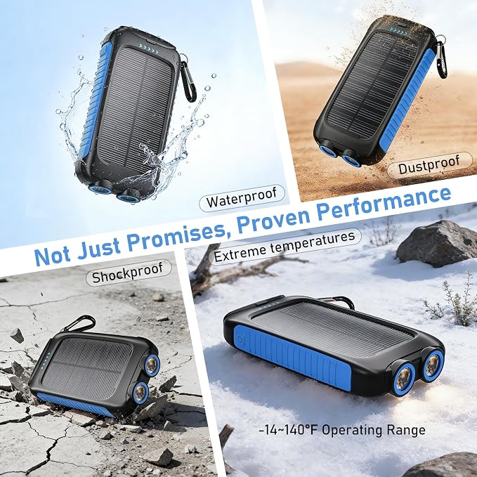 Solar Power Bank 20000mAh, Blue Portable Charger with USB-C&USB-A Outputs, Emergency Backup Battery Pack, LED Flashlight, for iPhone Samsung Android – Solar for Emergency Only, Perfect for Camping