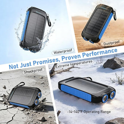 Solar Power Bank 20000mAh, Blue Portable Charger with USB-C&USB-A Outputs, Emergency Backup Battery Pack, LED Flashlight, for iPhone Samsung Android – Solar for Emergency Only, Perfect for Camping