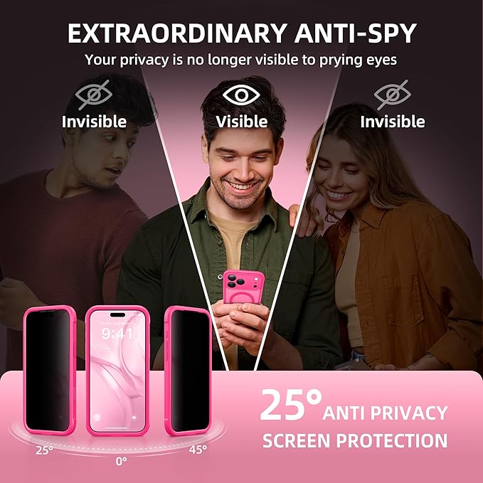 BERFY for iPhone 17 Pro Case, Compatible with MagSafe, Built-in Privacy Screen Protector, Camera Protection, Shockproof Full Body Phone Case 6.3", Translucent Hot Pink