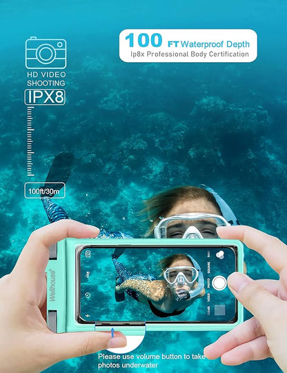 wellhouse Waterproof Phone Pouch, Waterproof Phone Case for iPhone 17 16 15 14 13 Pro Max XS Samsung, IPX8 3D Cellphone Dry Bag Beach Essentials (1 Pack - Crystal Green7.0, 7 inch)
