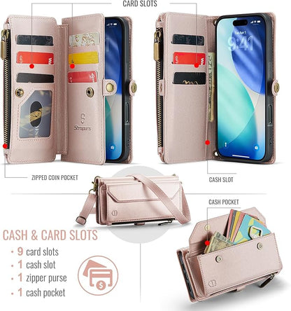 Strapurs Wallet Case Compatible with iPhone 17 6.3" RFID Blocking 9-Card Holder Soft PU Leather Magnetic Snap Shoulder Strap Zipper Pocket Phone Case Fit for iPhone 17 for Women - Rose Gold