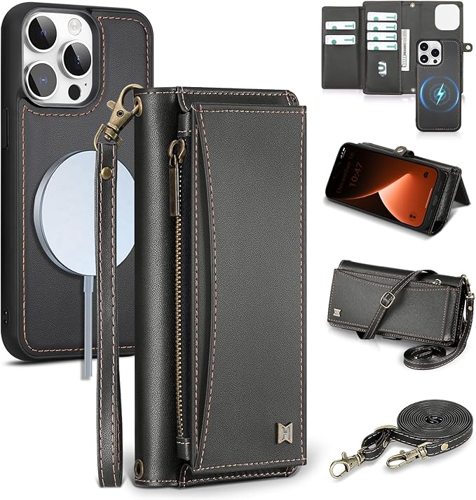 Wallet Case for iPhone 15 Pro with Card Holder/Crossbody Wallet/Strap| RFID Blocking | Magnetic | Kickstand | Detachable | PU Leather Phone Case for iPhone 15 Pro,6.1 in,Black
