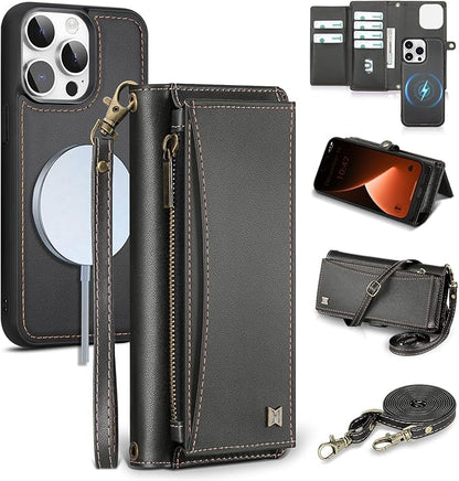 Wallet Case for iPhone 15 Pro with Card Holder/Crossbody Wallet/Strap| RFID Blocking | Magnetic | Kickstand | Detachable | PU Leather Phone Case for iPhone 15 Pro,6.1 in,Black