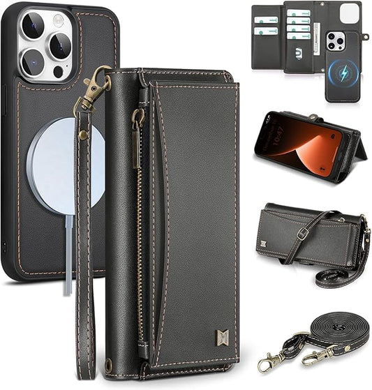 Wallet Case for iPhone 15 Pro with Card Holder/Crossbody Wallet/Strap| RFID Blocking | Magnetic | Kickstand | Detachable | PU Leather Phone Case for iPhone 15 Pro,6.1 in,Black