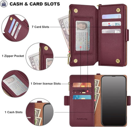 Antsturdy Compatible with iPhone 14 Wallet Case RFID Blocking,PU Leather Phone Case Women Men Flip Shockproof Cover with Wrist Strap Zipper Pocket Credit Card Holder Slots,for Apple 14 6.1" Wine Red