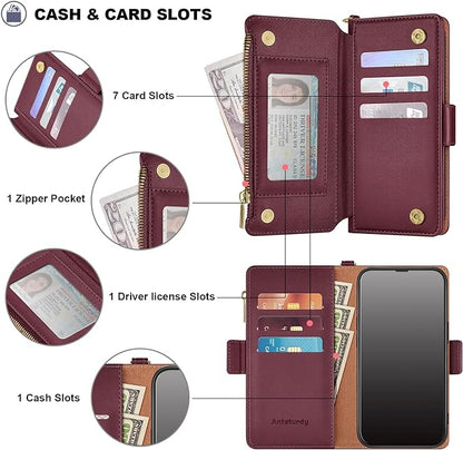 Antsturdy Compatible with iPhone 17 Pro Wallet Case Women,RFID Blocking PU Leather Phone Case Men Kickstand Flip Cover Wrist Strap Zipper Credit Card Holder Slots for Apple 17 Pro 6.3",Wine Red