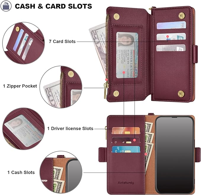 Antsturdy Compatible with iPhone 15 Wallet Case Card Holder【RFID Blocking】 PU Leather Phone Case Women Men flip Protective Cover Wrist Strap Zipper Credit Card Slots,for Apple 15 6.1",Wine Red