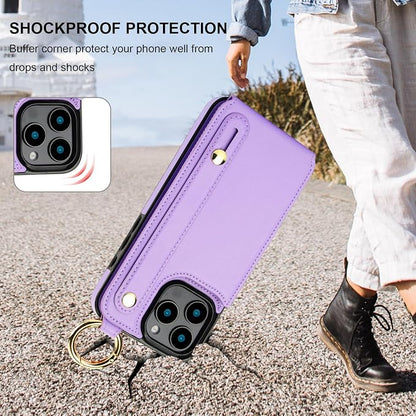 Folosu for iPhone 16 Pro Max Wallet Case with Card Holder, Hand Wrist Strap Loop Holder Kickstand, RFID Blocking Finger Grip Ring PU Leather Double Buttons Shockproof Cover 6.9" Purple