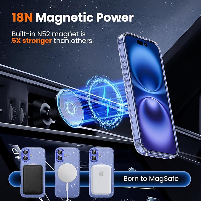 3 in 1 for iPhone 16 Case Clear with MagSafe, Not Yellowing, Screen Protector*1 Camera Lens Protector*1, Military-Grade Protection for iPhone 16 Phone Case 6.1 inch Clear Glitter