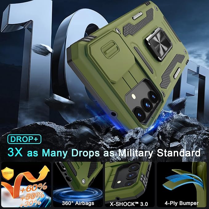 DEERLAMN Case for Samsung Galaxy A15 5G with Slide Camera Cover+Screen Protector (1 Pack), Rotated Ring Kickstand Military Grade Shockproof Protective Cover-Olive Green