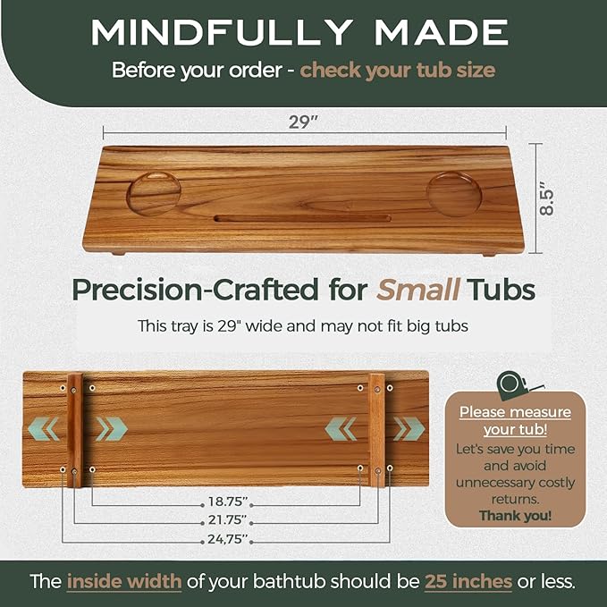 Teak Bathtub Tray for Tub 29” | Bath Tub Tray Wood for Small Tubs, Bath Tray for Tub, Bathtub Trays for Tub, Bath Table Tray for Home Spa | Fjord by JapandiSpirit