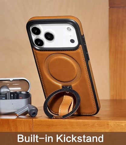 for iPhone 17 Pro Max Leather Case with Stand, Anti-Slip Grip Ring, Fits for MagSafe (Brown, iPhone 17 Pro Max)