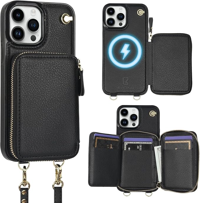 Bocasal for MagSafe Crossbody Wallet Case Compatible with iPhone 13 Pro Max, RFID Blocking Protective Purse Case with Card Slots Holder Kickstand Wrist Strap Lanyard Zipper 6.7 Inch 5G (Black)