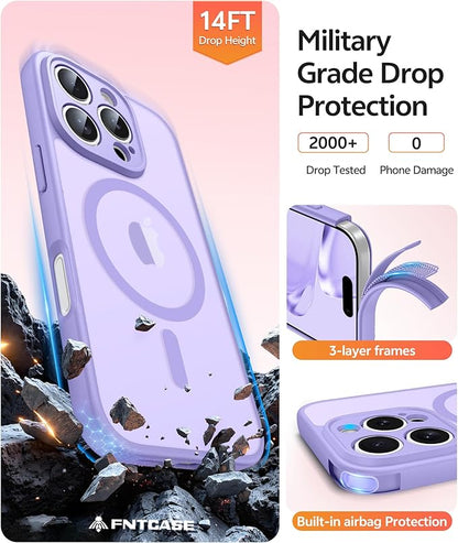 FNTCASE for iPhone 16 Pro Case: [Compatible with Magsafe] Translucent Matte Cases with [Full Camera Protection] [Screen Protector] Military Grade Shockproof Protective Phone Cover - Light Purple