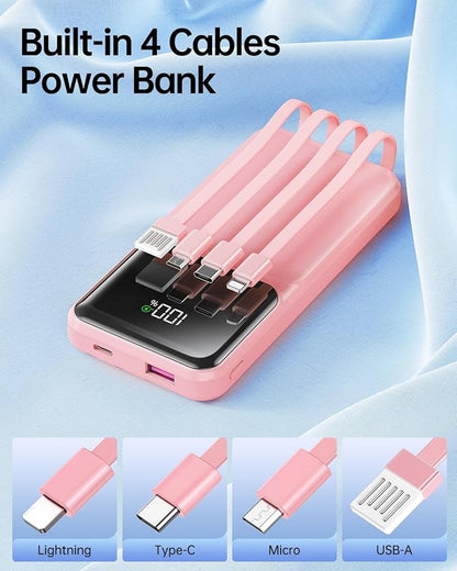 RONEGN Portable Charger with Built in Cable -20000mAh Fast Charging Power Bank USB C Slim 22.5W LED Display Battery Pack 5 Outputs & 3 Inputs for Travel Essentials iPhone Samsung Phones Pink