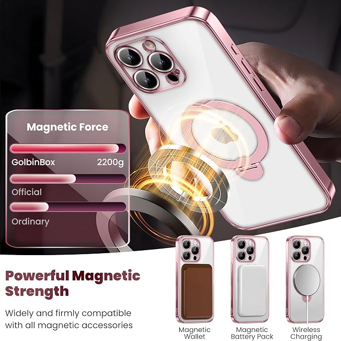GolbinBox for iPhone 16 Pro Case with 360° Spin Magnetic Stand,[Compatible with Magsafe] [Military Protection][Built-in Ring Holder] Camera Control Phone Case for 16 Pro,Pink/Clear