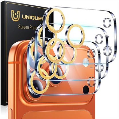 UniqueMe Compatible for 3 Pack iPhone 17 Pro Camera Lens Protector - [Drop Protection] [Case Friendly] 9H Tempered Glass Camera Cover Screen [Update New Version] - Glitter Gold