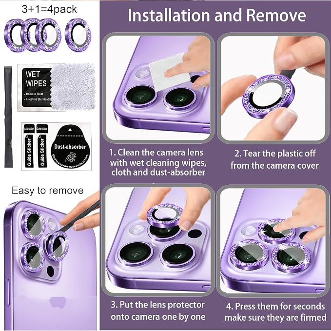 Compatible for iPhone 17/17 Pro/iPhone 17 Pro Max Camera Lens Protector Bling, Cute Sparkle Glitter Camera Cover for Women, Individual Ring, Anti-Scratch (3 Protectors + 1 Extra), Purple