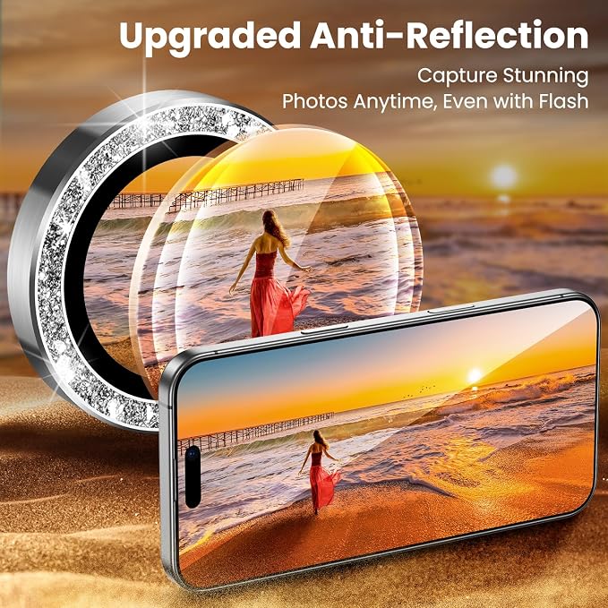 Uyiton for Bling iPhone 16 Pro Max / 16 Pro / 14 Pro Max / 14 Pro Camera Lens Protector - Not Easy to Break Strong Adsorption Individual Metal Tempered Glass Rear Camera Screen Cover - Glitter Silver