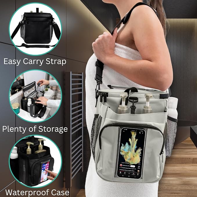 TERRA HOME Portable Shower Caddy Bag- Large Capacity, Quick Dry with Metal Hook - Hanging Shower Bag - Breathable Mesh Toiletry Shower Tote for Gym and College Dorm (Grey, Extra Large)