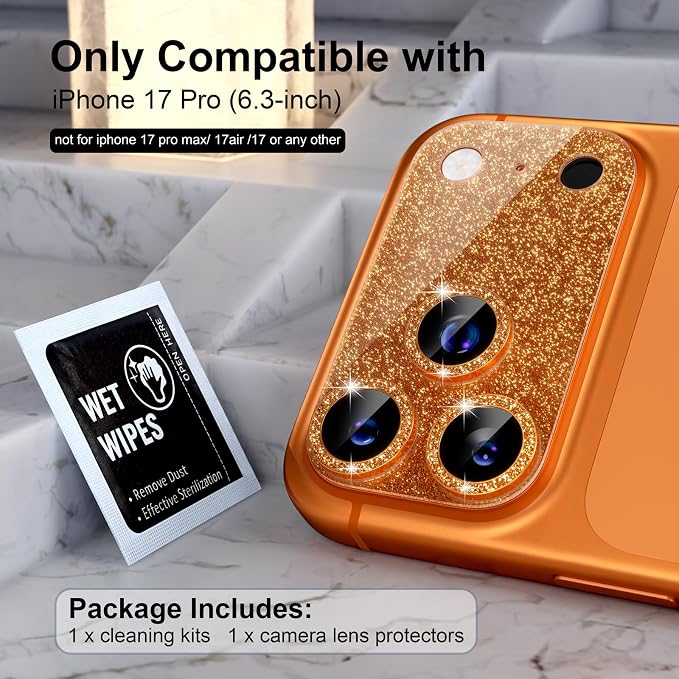 Choiche Compatible for iPhone 17 Pro Camera Lens Protector, Bling Camera Cover with 9H Tempered Glass Lens Screen Protector Metal Ring Decoration Accessories 6.3-inch (Glitter-Orange)