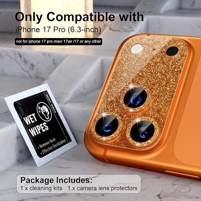 Choiche Compatible for iPhone 17 Pro Camera Lens Protector, Bling Camera Cover with 9H Tempered Glass Lens Screen Protector Metal Ring Decoration Accessories 6.3-inch (Glitter-Orange)