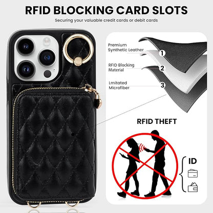 Keallce Case for iPhone 15 Pro Max 6.7'' Wallet Case, Crossbody Zipper Purse Handbag Wristlet for Women, RFID Blocking Card Holders, 360° Ring Kickstand Flip Leather Cover for iPhone 15 Pro Max, Black