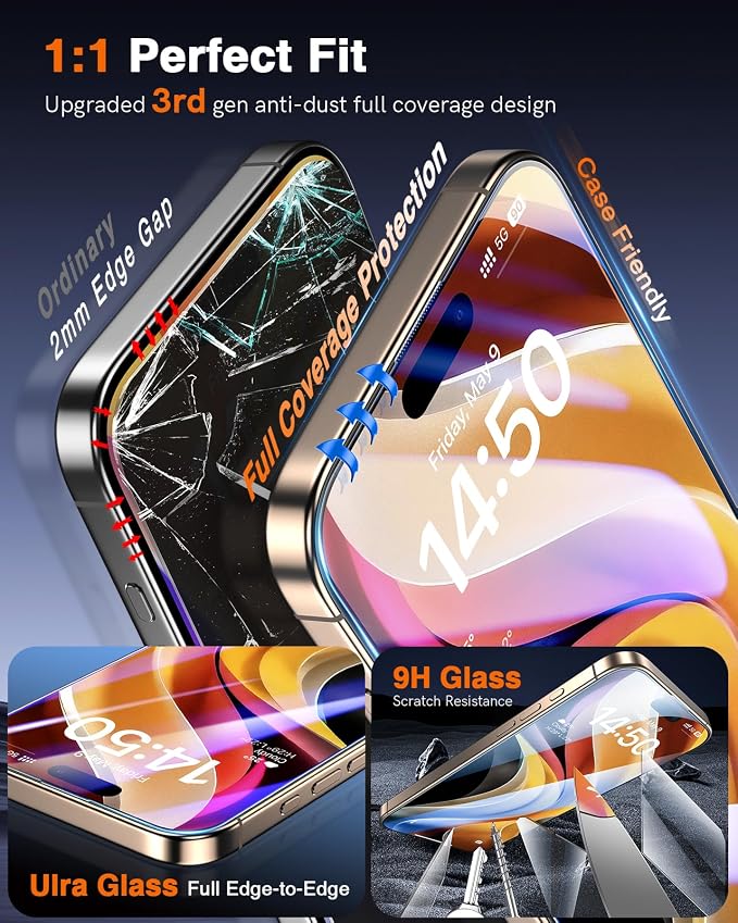 LK 2 Pack for iPhone 17/17 Pro / 16 Pro Screen Protector Tempered Glass, Military Grade Shatterproof [Auto Dust-Elimination, 0 Dust & Bubbles] Anti-Scratch, Max Coverge Screen Protector