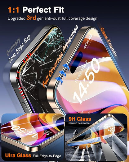 LK 2 Pack for iPhone 17/17 Pro / 16 Pro Screen Protector Tempered Glass, Military Grade Shatterproof [Auto Dust-Elimination, 0 Dust & Bubbles] Anti-Scratch, Max Coverge Screen Protector