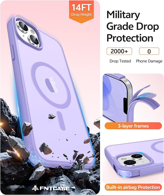 FNTCASE for iPhone 15 Plus Case: for iPhone 14 Plus Case Translucent Matte Military Grade Protective Phone Cover - Slim Anti-Slip Durable Shockproof Drop Protection Cases - Light Purple