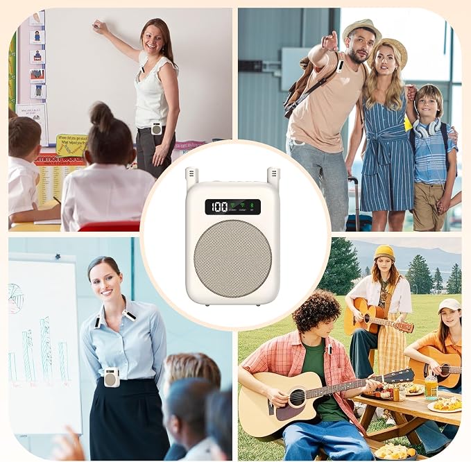 Voice Amplifier with Bluetooth lavalier Microphone, Teacher Bluetooth Amplifier, Portable Voice Amplifier, Clip on Microphone System Bluetooth Speaker - Beige