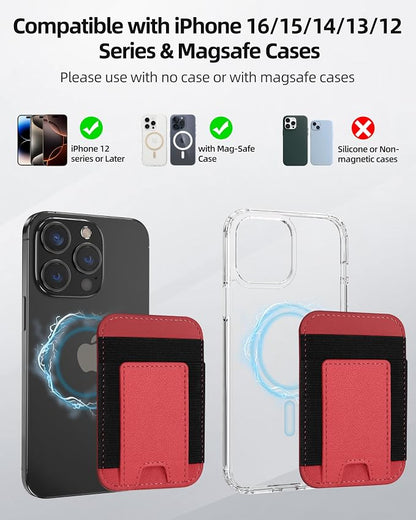 Upgraded for Magsafe Wallet, Strongest Magnetic Wallet for iPhone 17/16/15/14/13/12 Series, Magnetic Card Holder with 2 Card Slots, RFID Blocking, Vegan Leather, Fit 7 Cards, Red