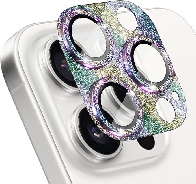 Camera Lens Protector for iPhone 16 Pro/iPhone 16 Pro Max, Glitter Camera Cover with 9H Tempered Glass Metal Ring, Lens Protector for iPhone 16 Pro / 16 Pro Max (Glitter - Colorful)