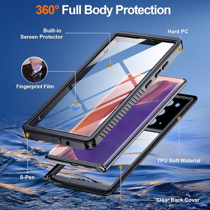 Hualele for Samsung Galaxy Note 20 Case Waterproof, Built in Lens & Screen Protector Rugged Full Body Heavy Duty Protective Military Grade IP68 Underwater Cover Case for Galaxy Note 20 Black