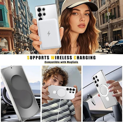 Magnetic for Samsung Galaxy S24 Ultra Case Stand & Ring Holder Compatible with MagSafe Built-in Camera Lens Protector Phone Case for Samsung S24 Ultra - Silver