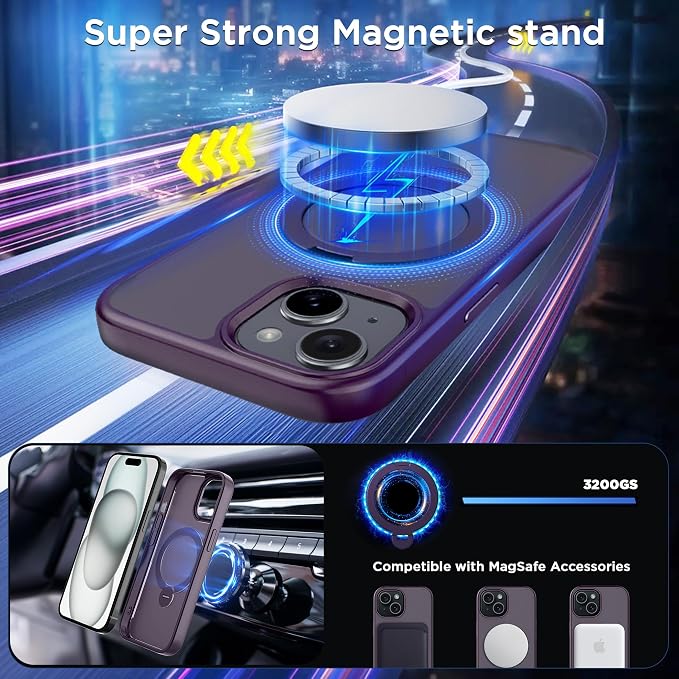 CACOE Magnetic Case for iPhone 15 6.1 inch with 360 Rotatable Ring Stand, Compatible with MagSafe Car Phone Mount, iPhone 15 Cases Cover Phone Holder for Desk Meeting/Videos Dark Purple