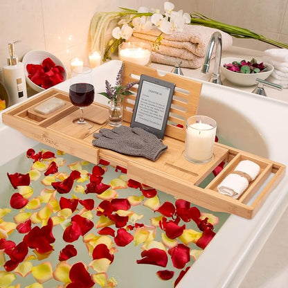 Temple Spring Bamboo Bathtub Tray Caddy for Tub — Expandable Wood Bath Tray with Solid Book Stand Wine Holder and Non-Slip Pads — Includes Bamboo Soap Dish and Spa Accessories — Luxury Bath Gift Set