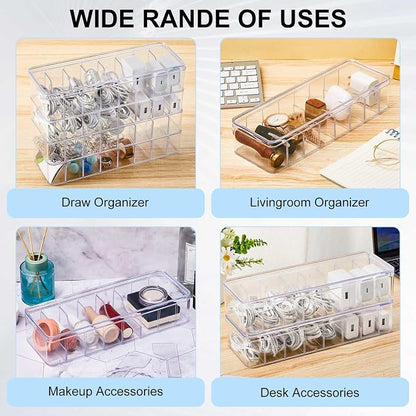 Tatuo 2 Pcs Cord Organizer for Drawer Desktop, Cable Organizer Box with 8 Compartments and Wire Ties, Plastic Charger Storage with Lid, Electronics Case for Home Office Accessories (Small,Clear)