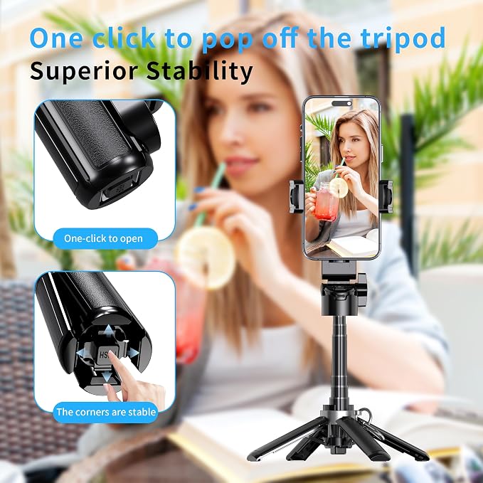 Mini Selfie Stick Tripod Stand for iPhone ，6-Section Adjustable Height Extension (12-42cm)，10 Meter Remote One Click Control ，Suitable for Travel/Live Streaming/Outdoor Multiple Scenes