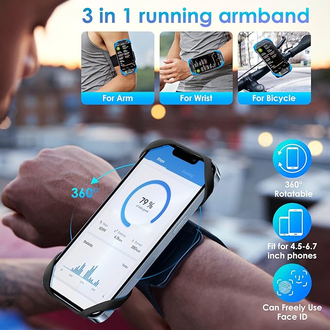 Cikyner Running Armband, 3 in 1 360° Rotatable & Detachable Sports/Bicycle Phone Holder for 4.5-7'' Smartphones, Ideal for Gym, Jogging, Hiking